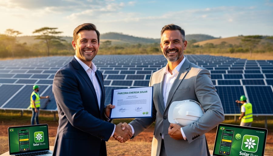 Business professionals collaborating over solar energy project with architectural model