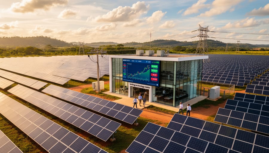 Aerial view of extensive solar panel farm in Brazilian landscape