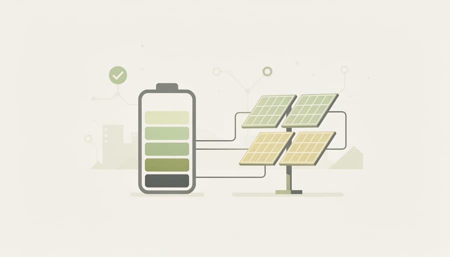Technician inspecting rooftop battery storage equipment connected to solar system