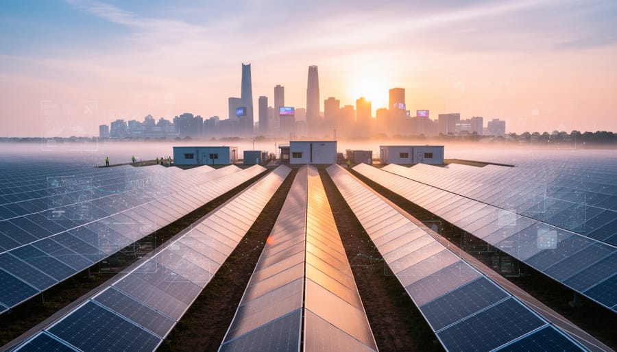Solar panels in a large solar farm reflecting sunrise light